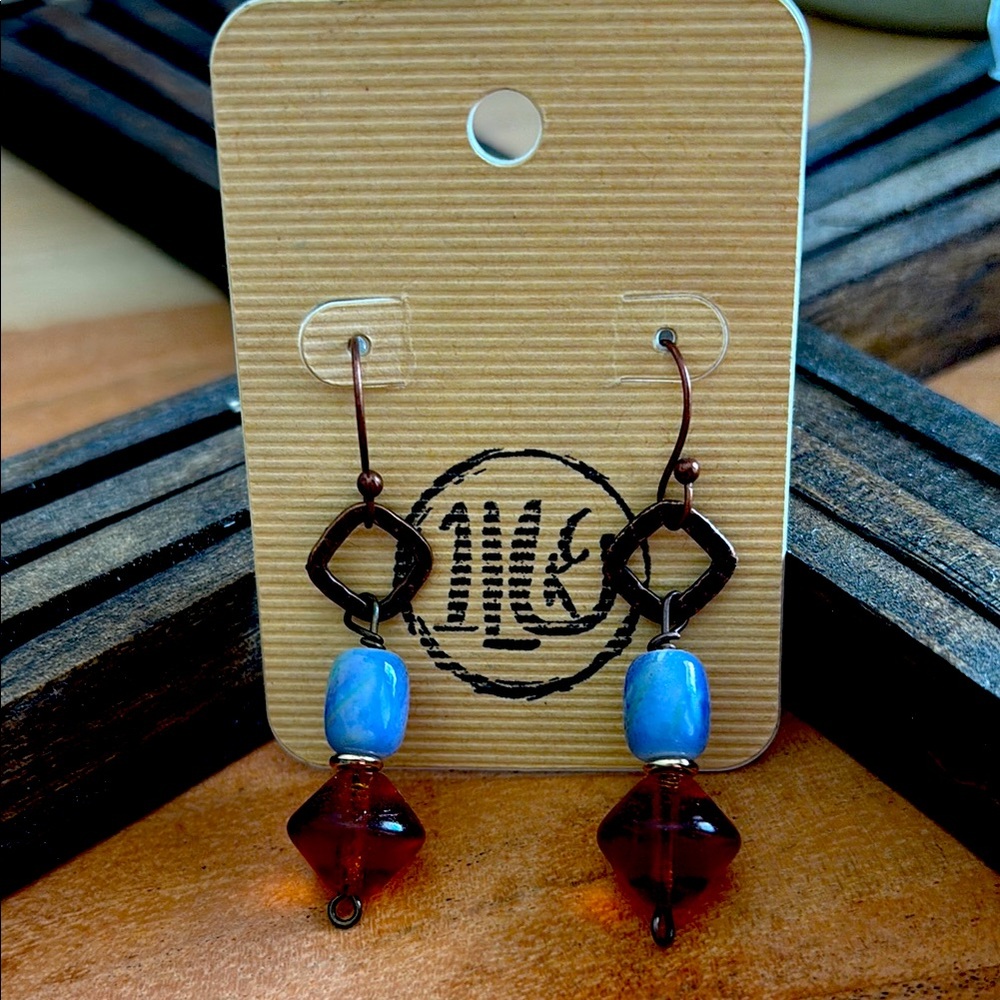 Bohemian Blue and Brown Beaded Earrings 2”